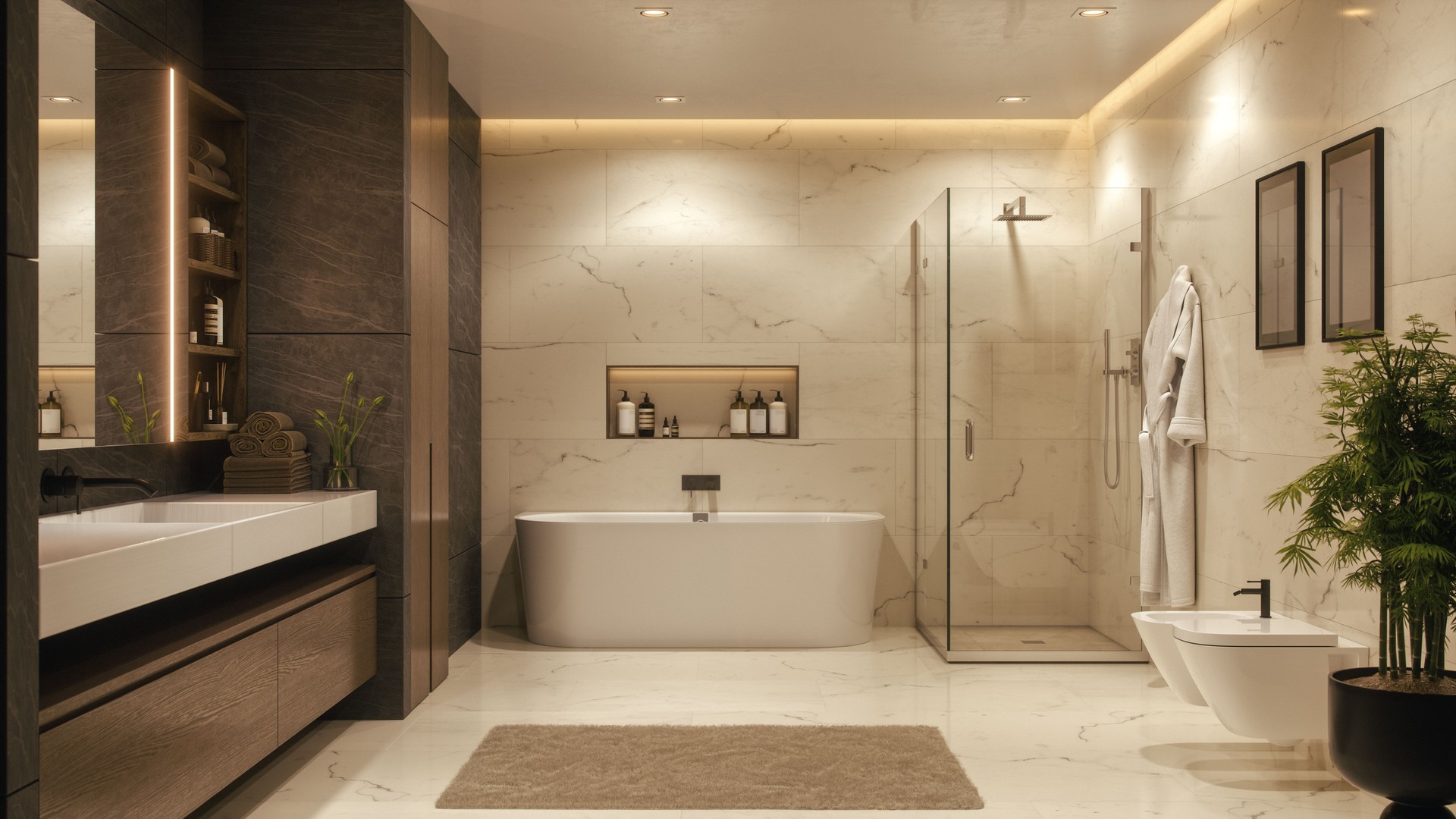 Luxurious Modern Bathroom Interior With Marble Finish and Soft Lighting